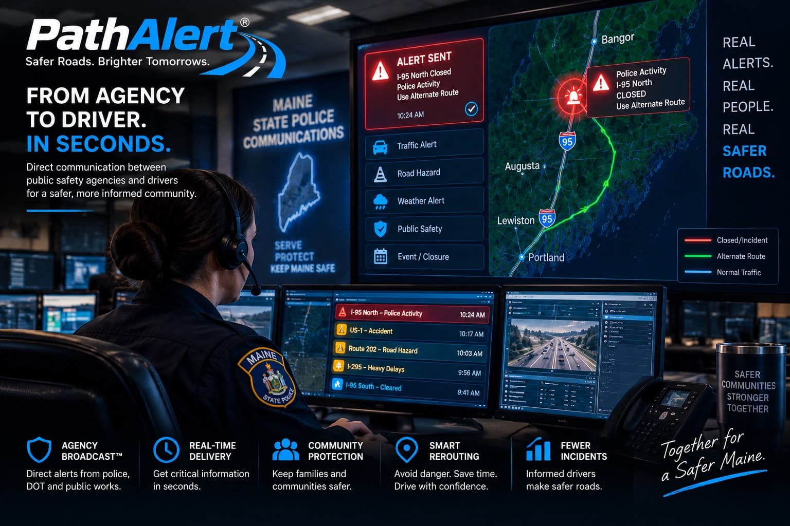 An agency communications operator reviewing a PathAlert broadcast console, with a road closure published to drivers approaching the affected corridor.