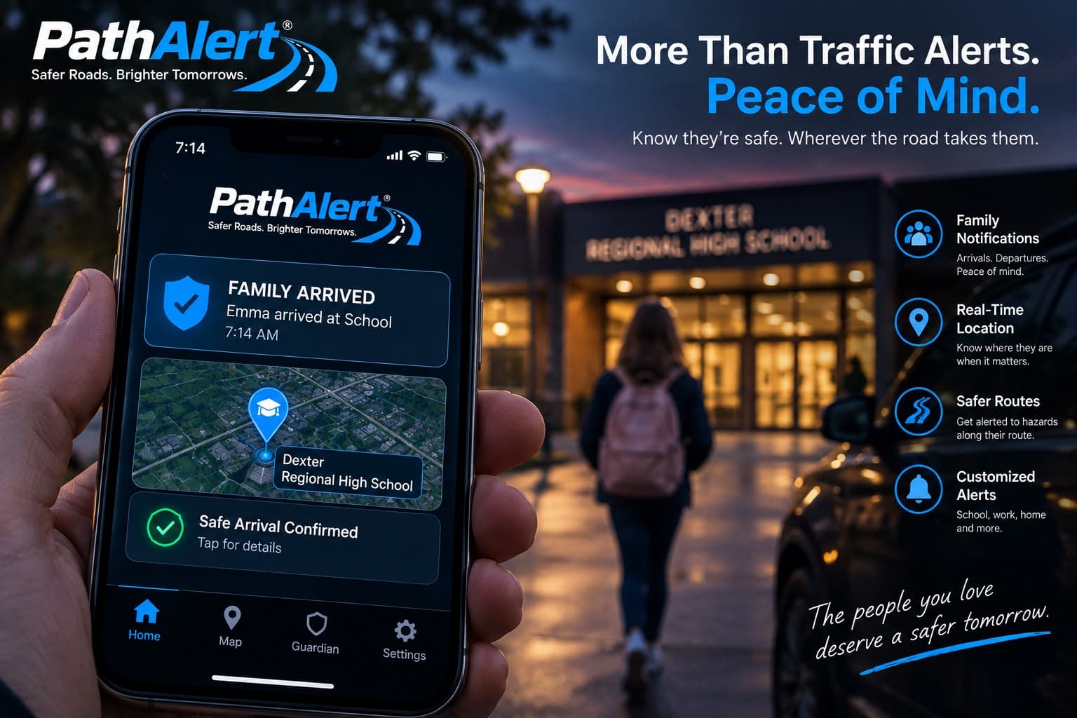 A parent holding a phone showing a PathAlert notification that a family member has arrived safely at school, with the arrival time confirmed.