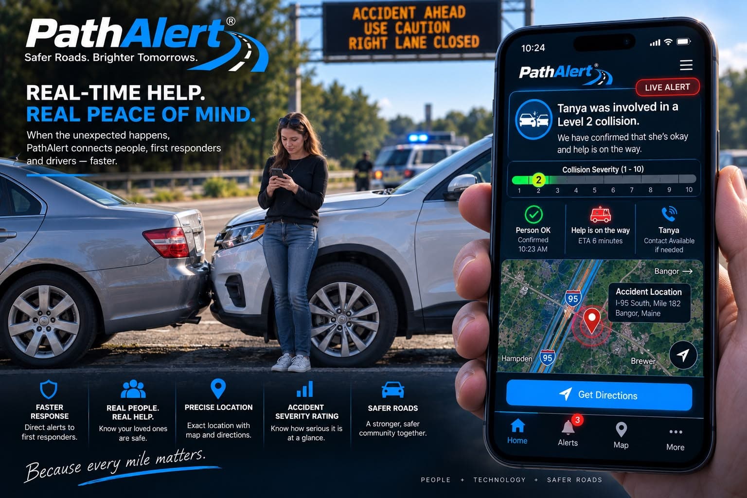 A driver beside a minor collision while a PathAlert Guardian notification informs a family member that a collision was detected and the driver has confirmed they are okay.