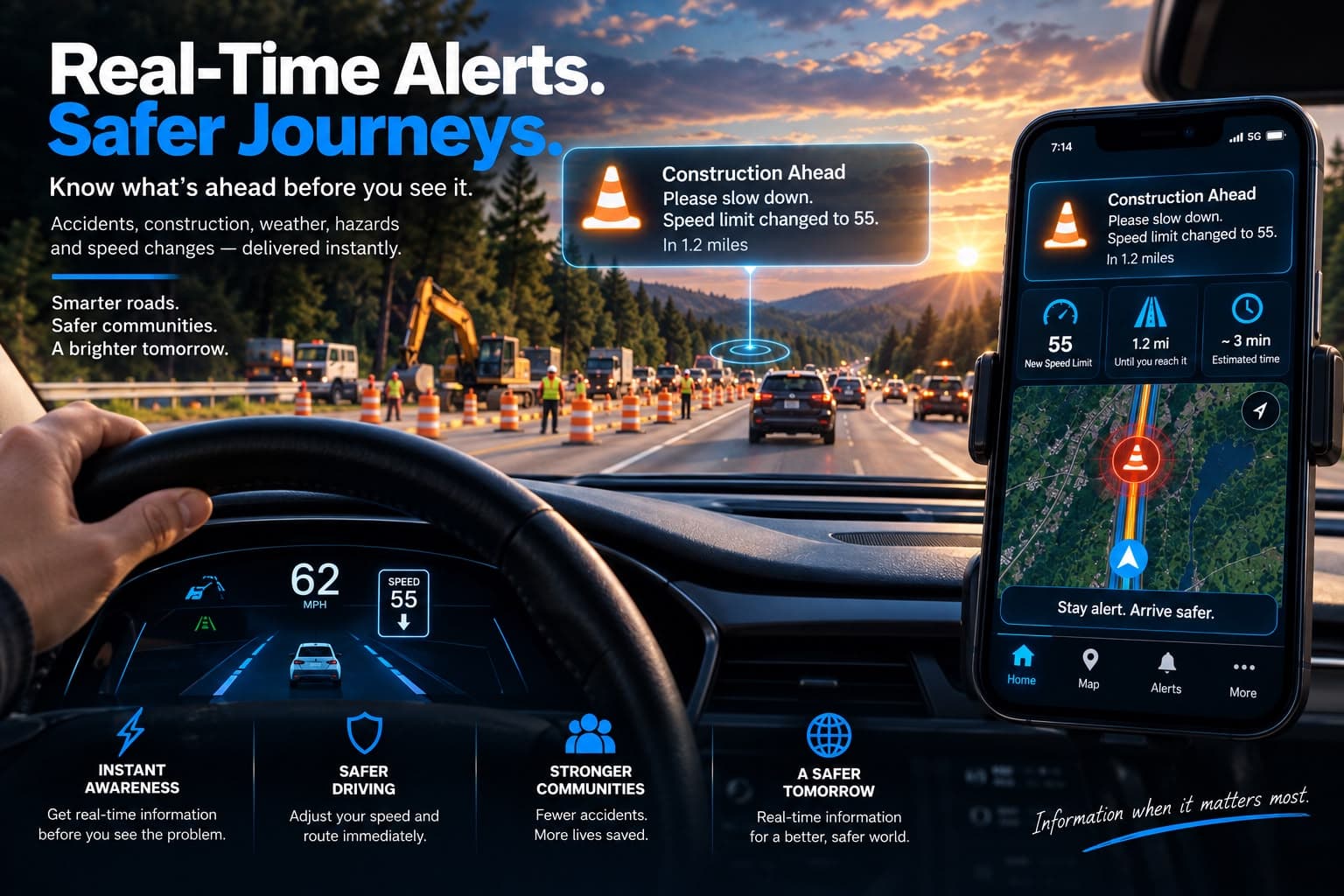 A driver approaching a highway work zone while PathAlert shows a construction-ahead alert with a reduced speed limit and the distance remaining.