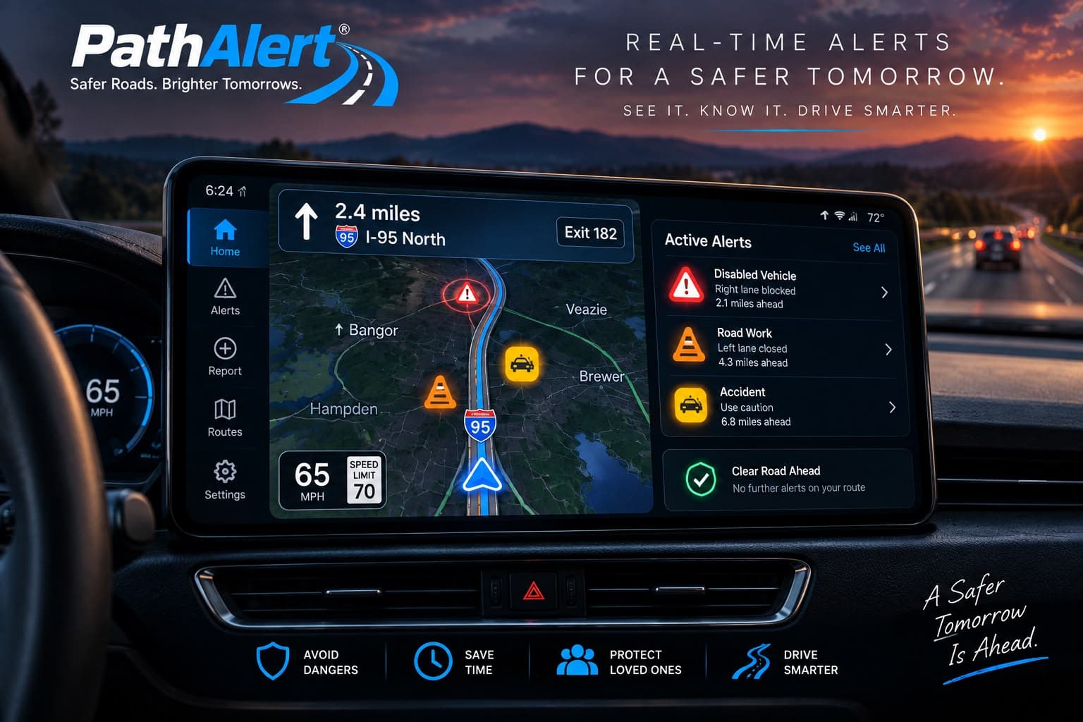 An in-dash PathAlert display listing active alerts for a disabled vehicle, road work, and an accident ahead, alongside a clear-road confirmation.