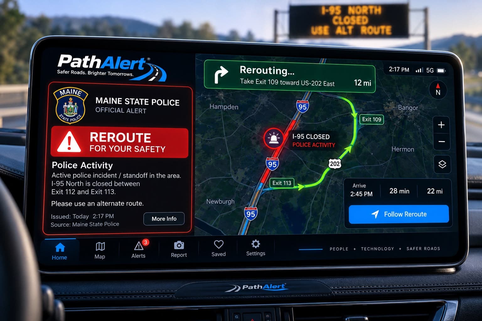 A vehicle display showing a verified agency alert that a section of I-95 North is closed, with an alternate route suggested.